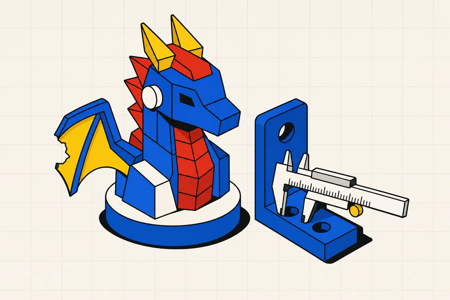 A printed dragon bust with a chipped wing stands next to a clean printed L bracket, calipers set to 8.00 mm resting in one of the bracket's holes.
