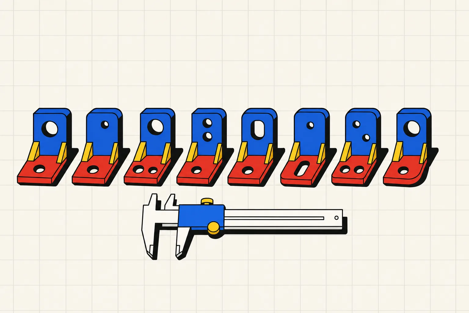 Eight small printed brackets of the same design lined up on a workbench, each one slightly different in its holes and fillets, with a pair of calipers resting across the row.