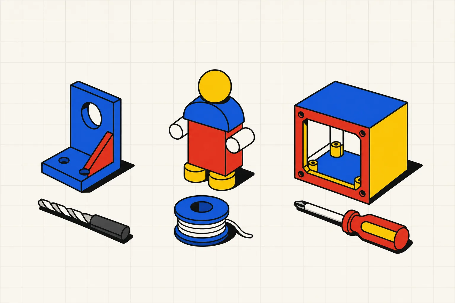 A printed bracket, a printed figurine and a printed enclosure lined up on a workbench, each next to the tool that made it.