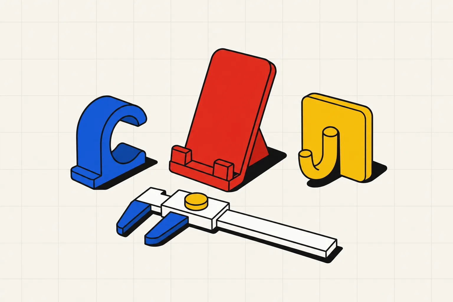 A 3D printed C-shaped cable clip, a phone stand and a wall hook lined up on a print bed, fresh off the printer, with a caliper beside them.