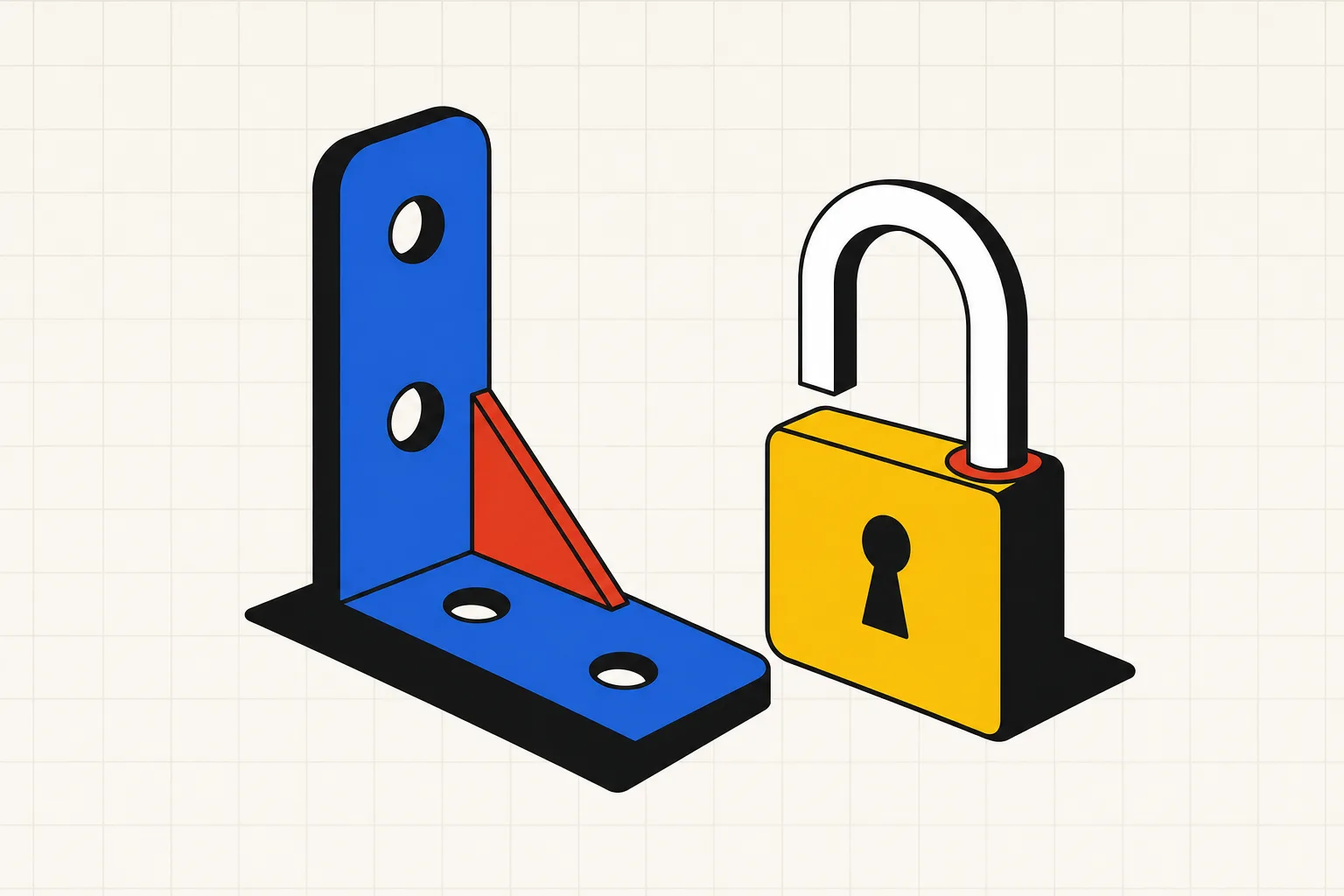 A printed bracket and a padlock resting side by side on a print bed, the padlock open.