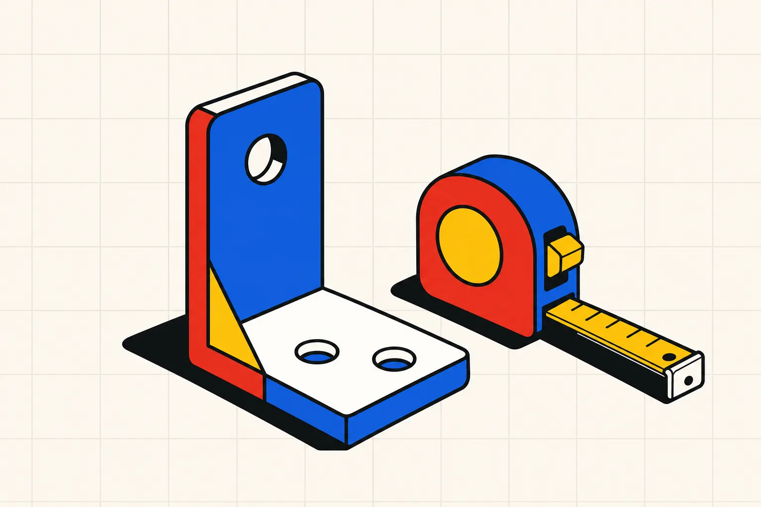 A printed L-bracket with two bolt holes resting on a workbench beside a tape measure, the CAD screen behind it dark.
