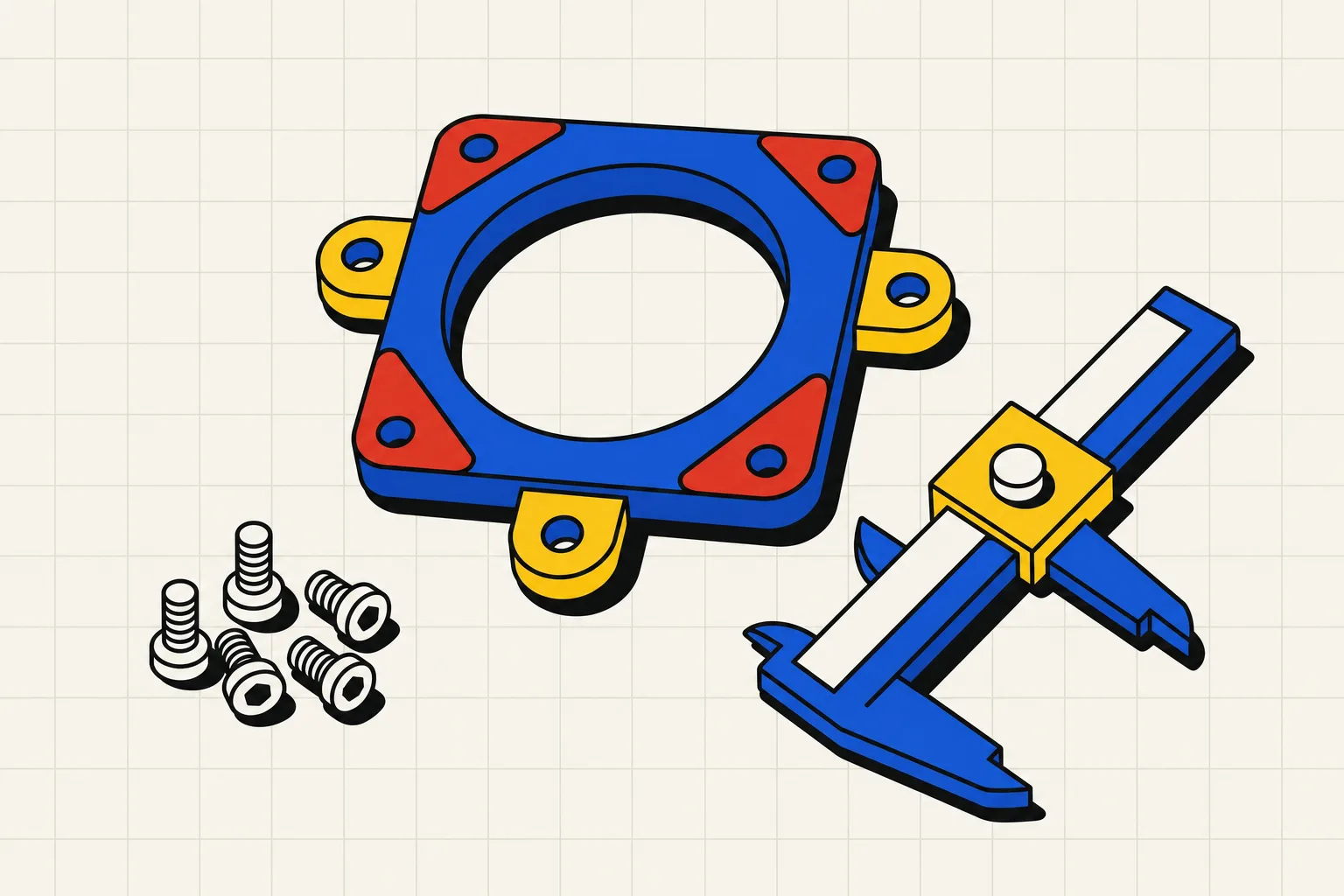 A printed 40 mm fan bracket lying on a textured build plate next to a pair of calipers and a small pile of M3 screws.
