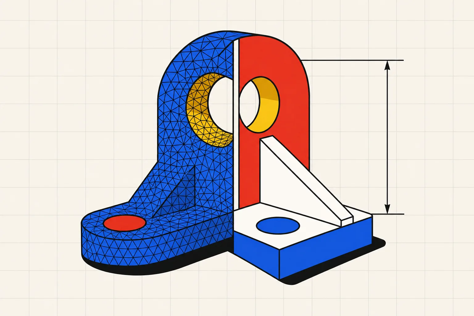 A 3D-printed bracket sliced open to show a dense triangle mesh on one half and clean flat CAD faces with a dimension line on the other.