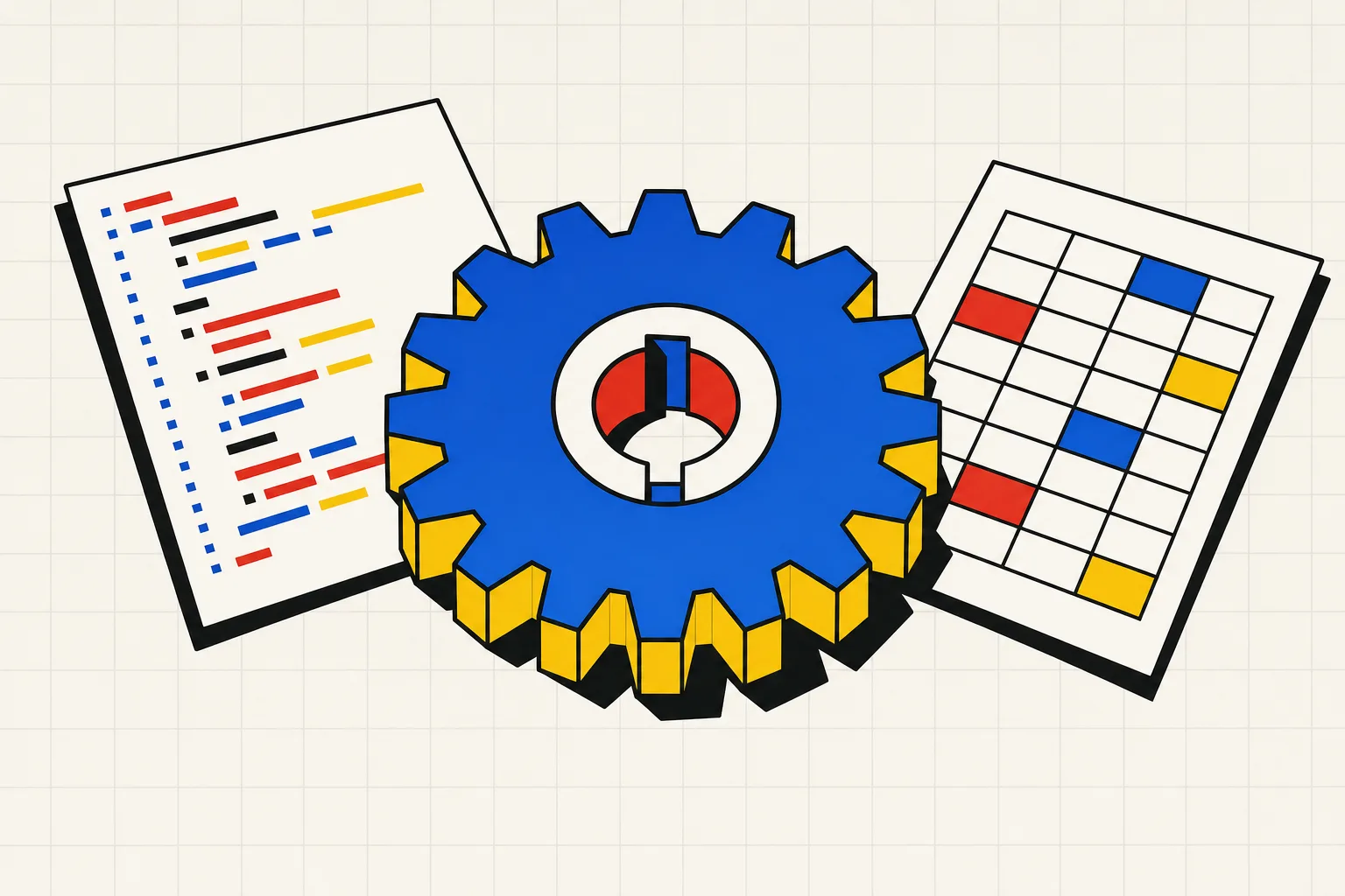 A single spur gear with a keyed bore lying on a workbench between a printed sheet of code and a paper spreadsheet, module 2 teeth catching the light.