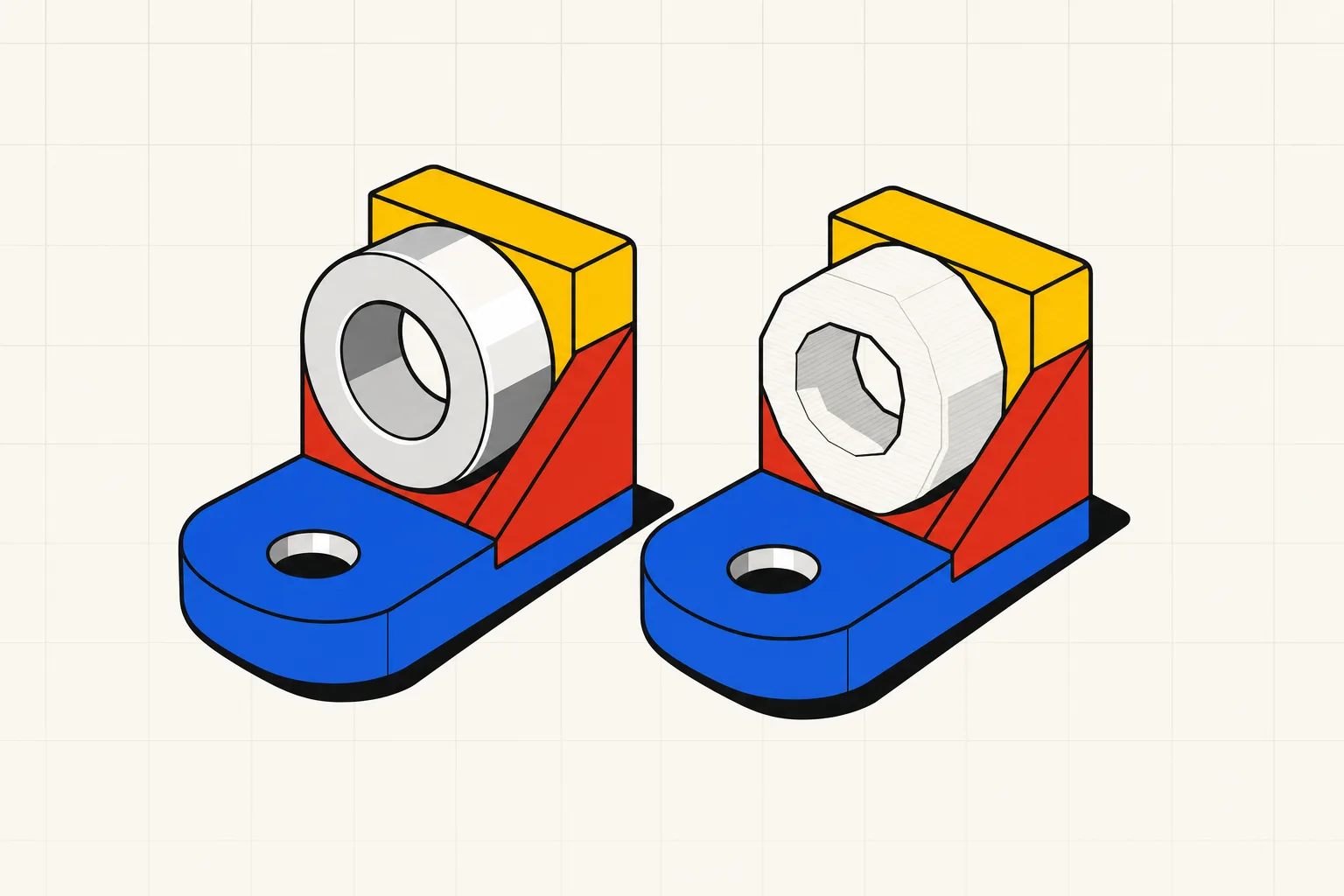 A machined aluminium bracket with a round bore sitting next to its 3D-printed twin, the printed one showing faint flat facets around the hole.