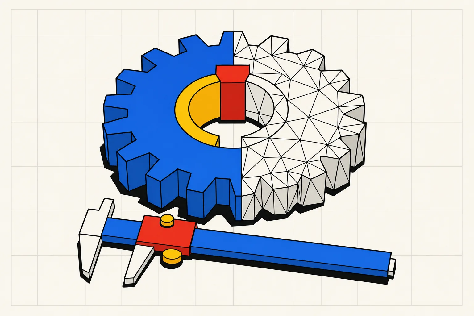 A spur gear with a keyed bore on a workbench beside a caliper, half of the gear rendered as clean B-rep surfaces and half as a coarse triangle mesh.