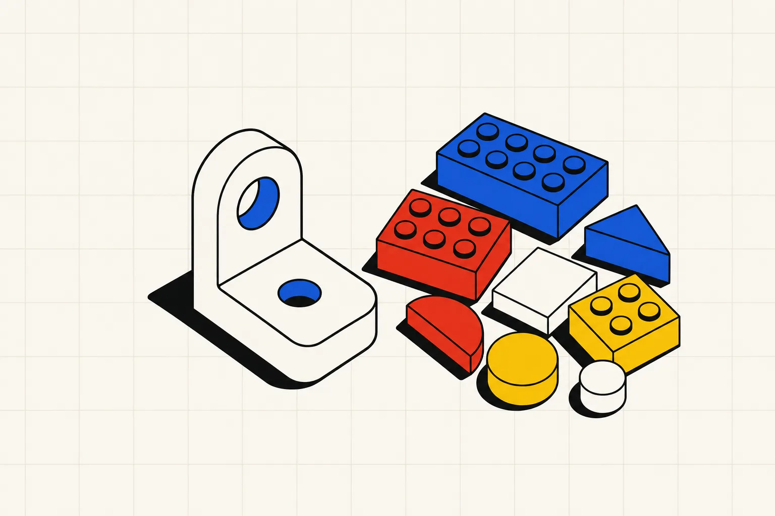 A small 3D-printed bracket with one crisp filleted edge, sitting next to a pile of loose plastic building blocks on a workbench.